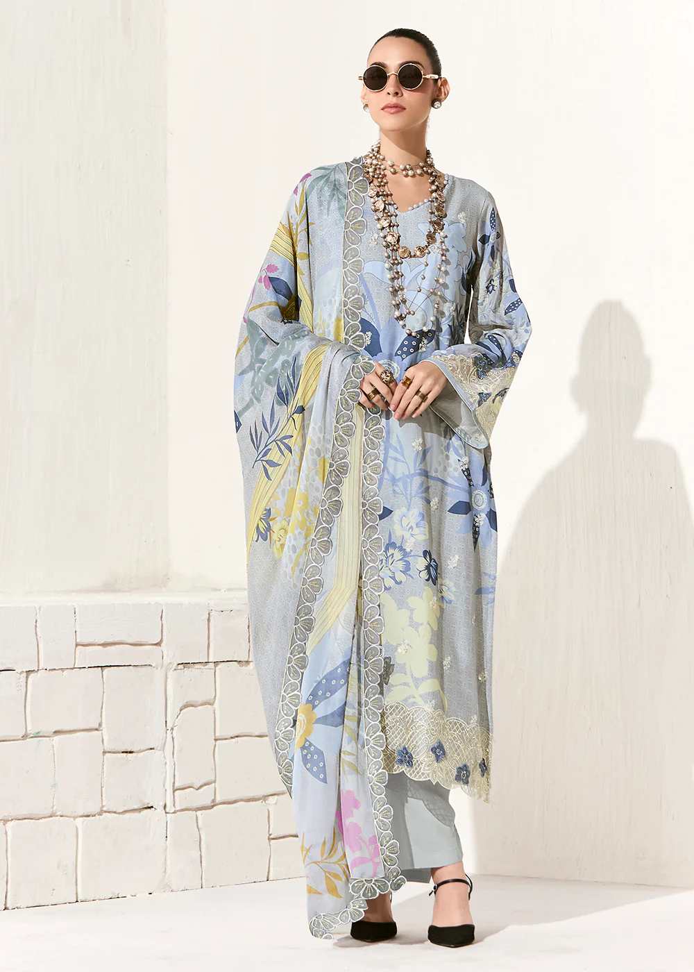Grey Printed & Embroidered Muslin Salwar Suit