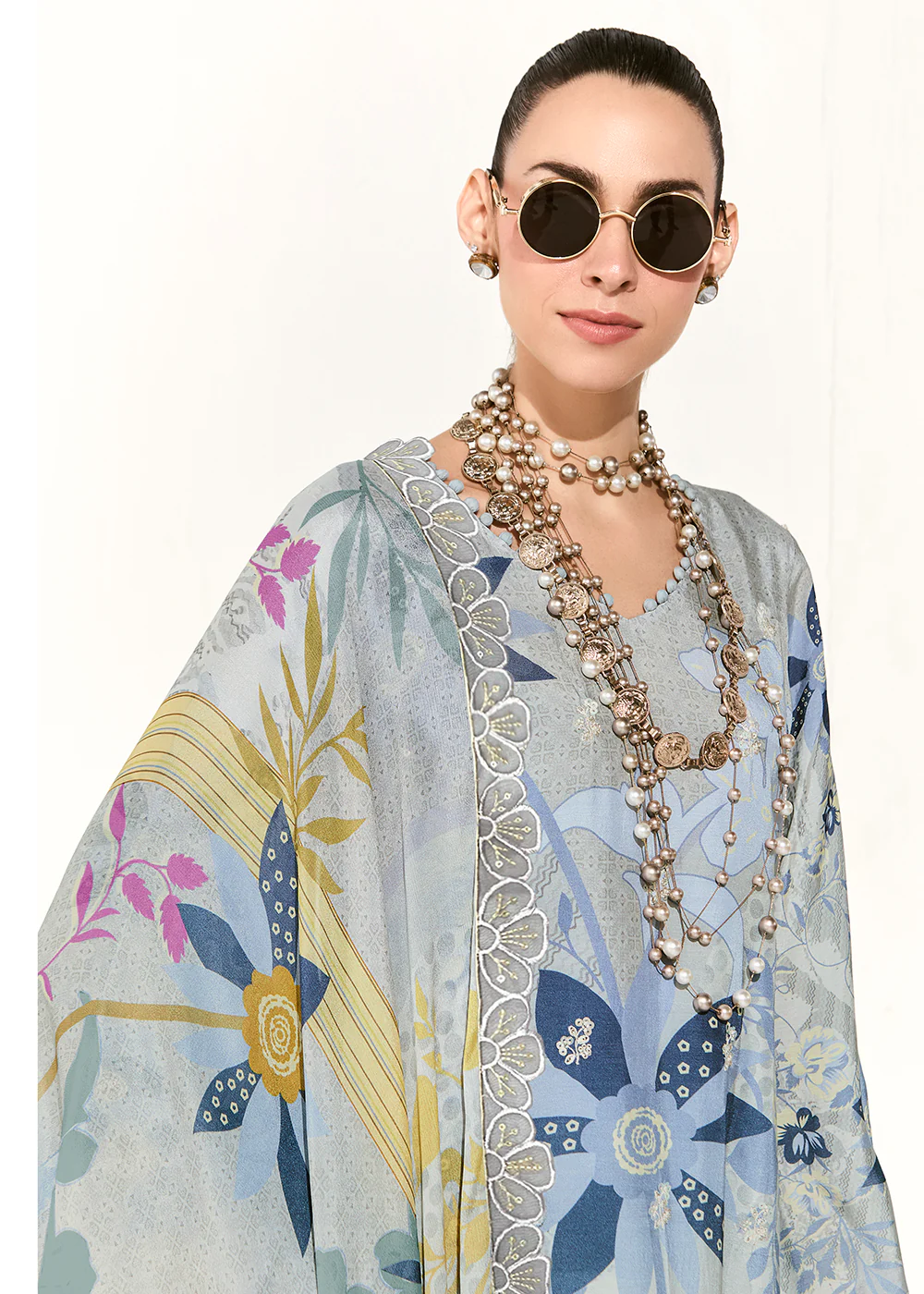 Grey Printed & Embroidered Muslin Salwar Suit - Image 2