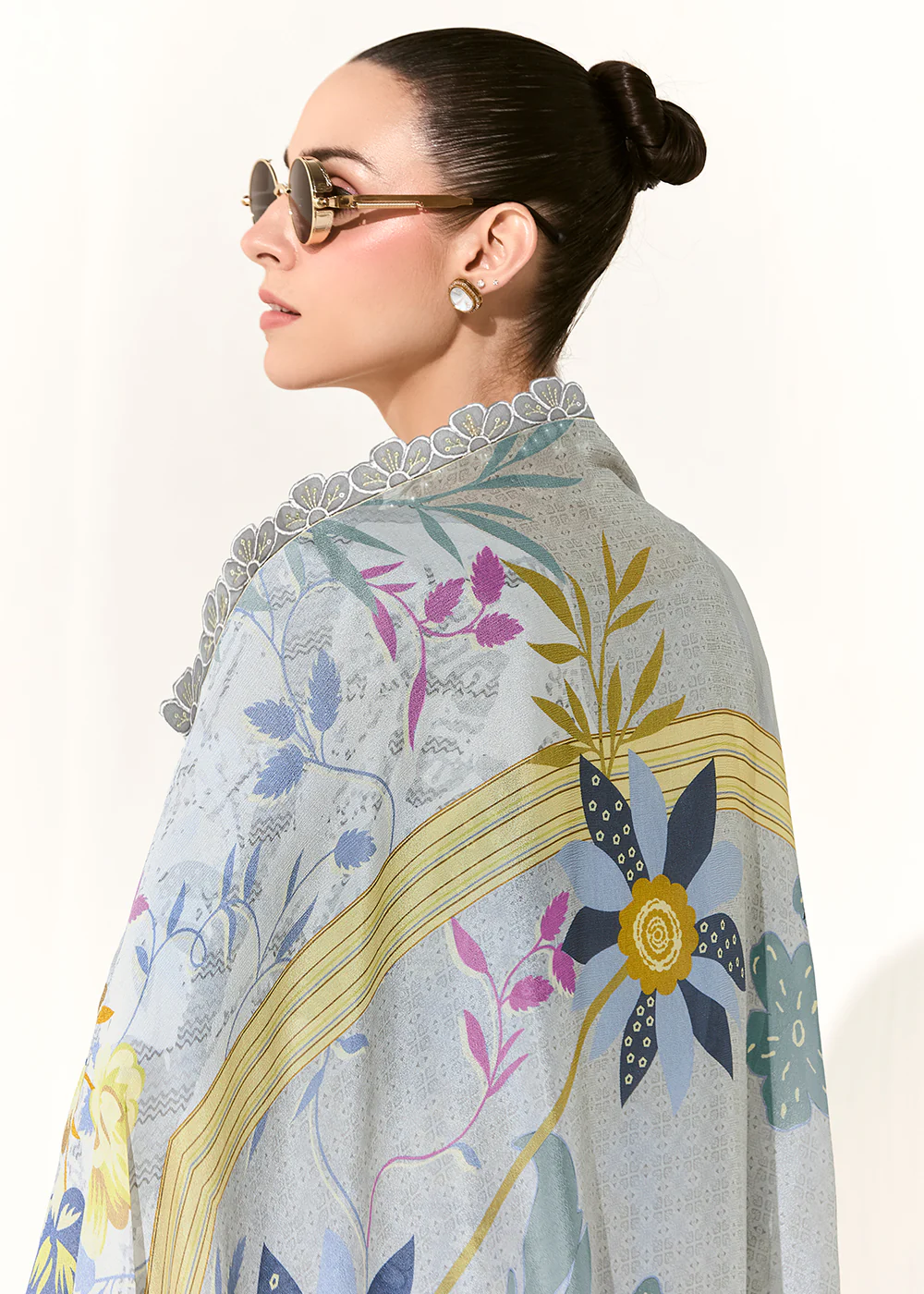 Grey Printed & Embroidered Muslin Salwar Suit - Image 3