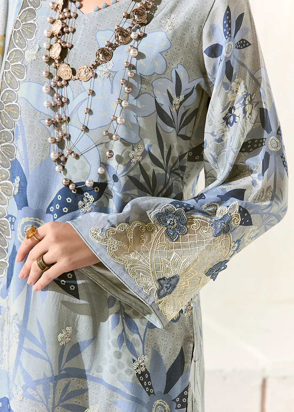 Grey Printed & Embroidered Muslin Salwar Suit - Image 4