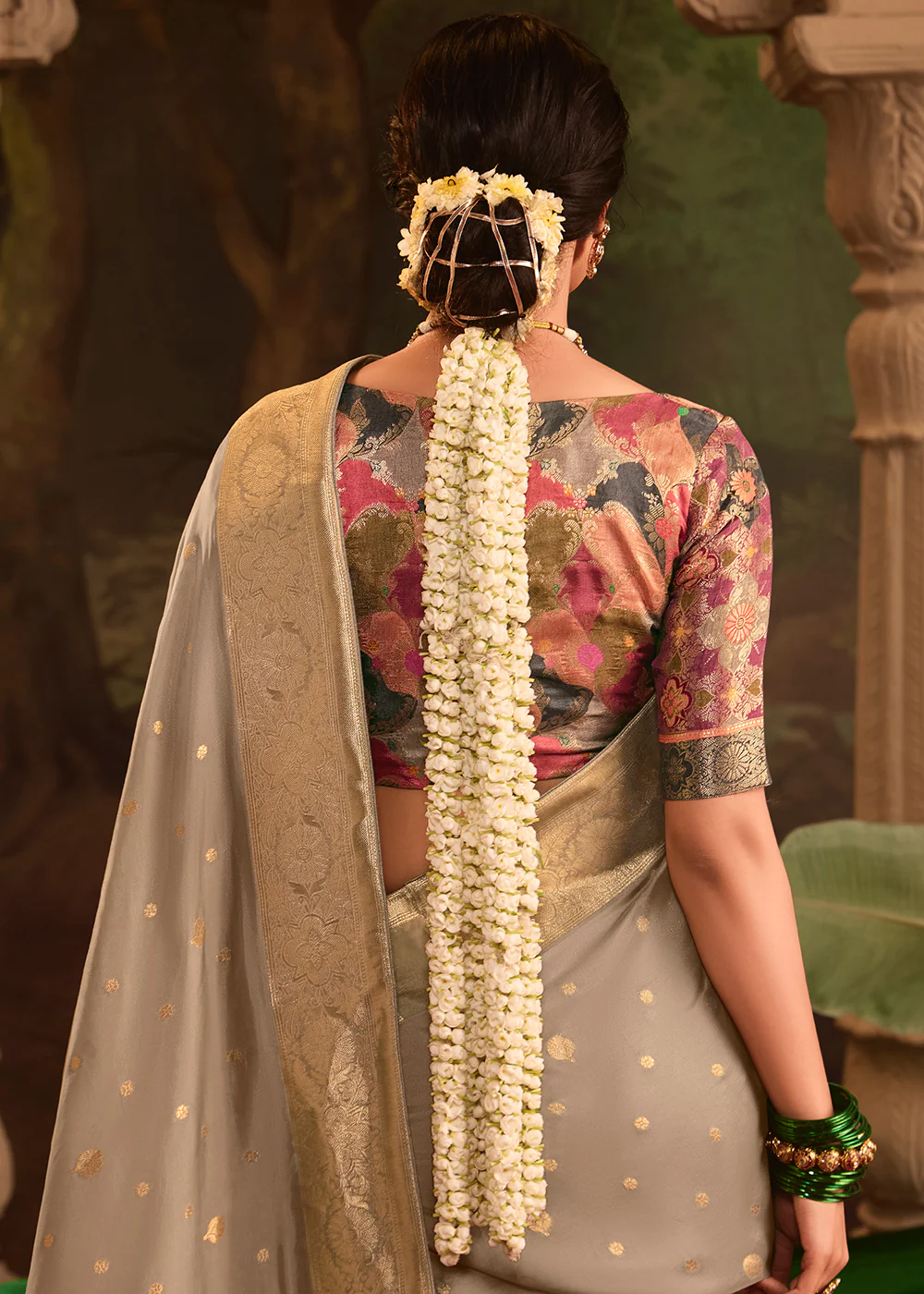 Grey Pure Crepe Dola Silk Wedding Festive Saree - Image 3