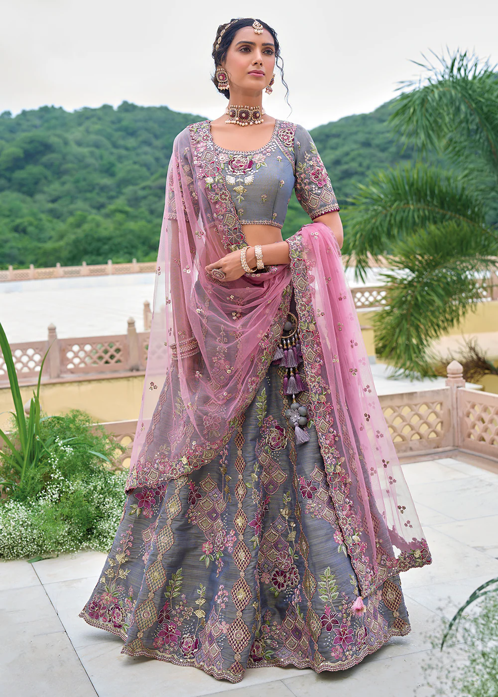 Grey & Purple Heavy Embroidered Bridal Style Lehenga Choli