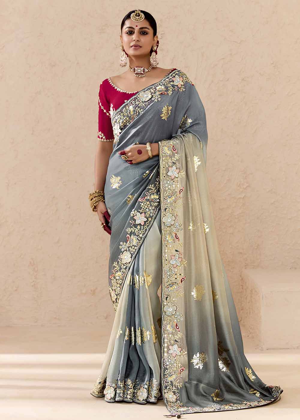 Grey & Red Fancy Fabric Embroidered Designer Saree