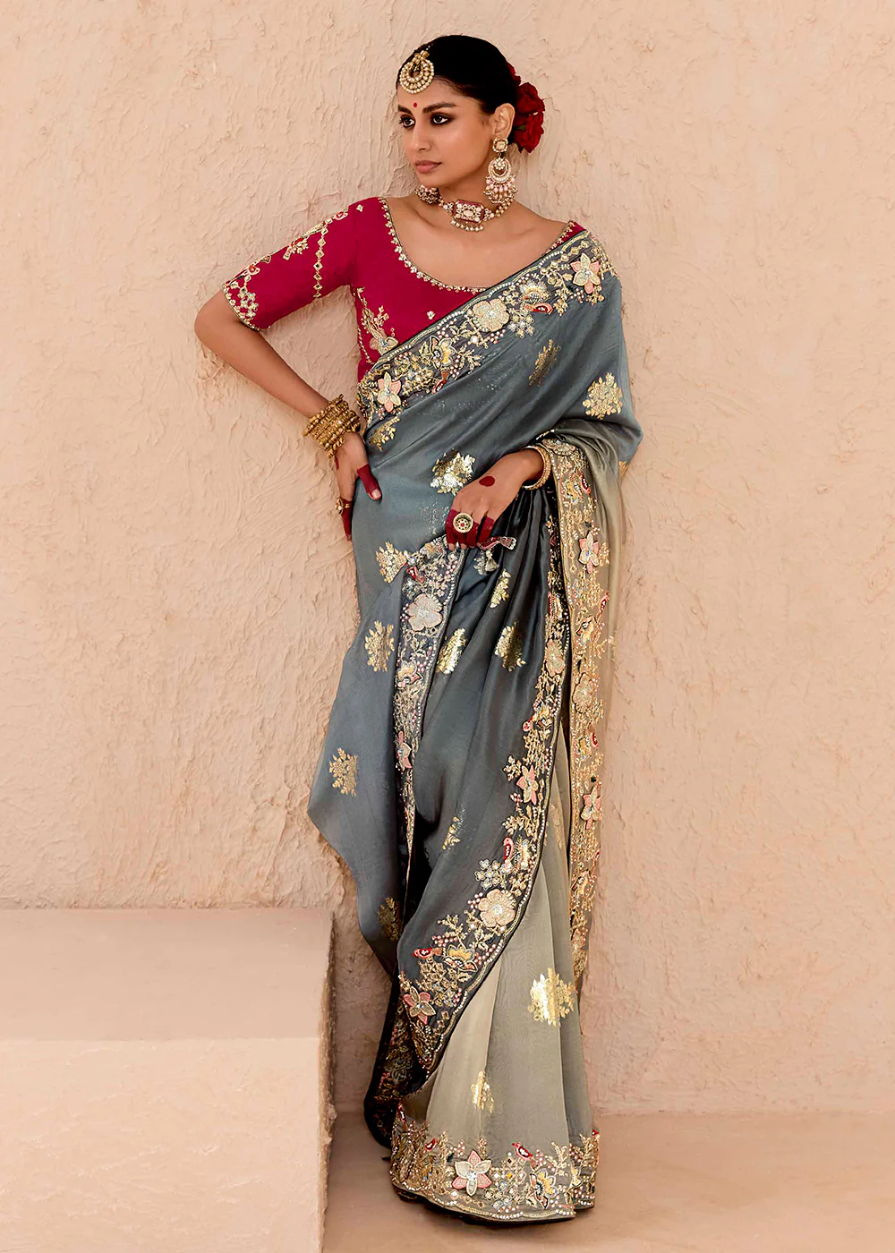 Grey & Red Fancy Fabric Embroidered Designer Saree - Image 4