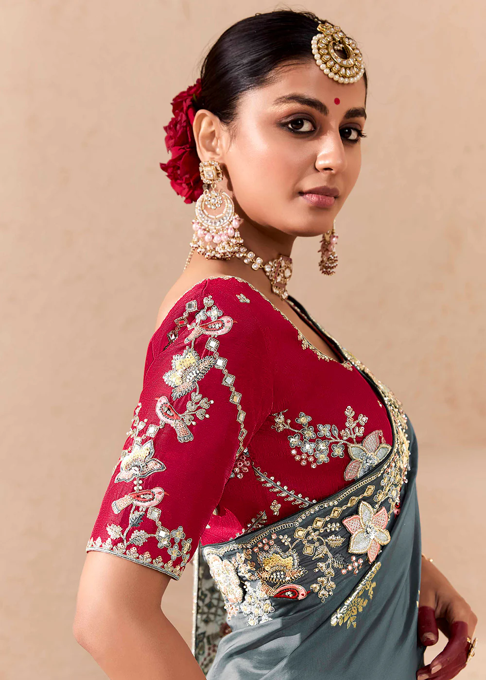 Grey & Red Fancy Fabric Embroidered Designer Saree - Image 5