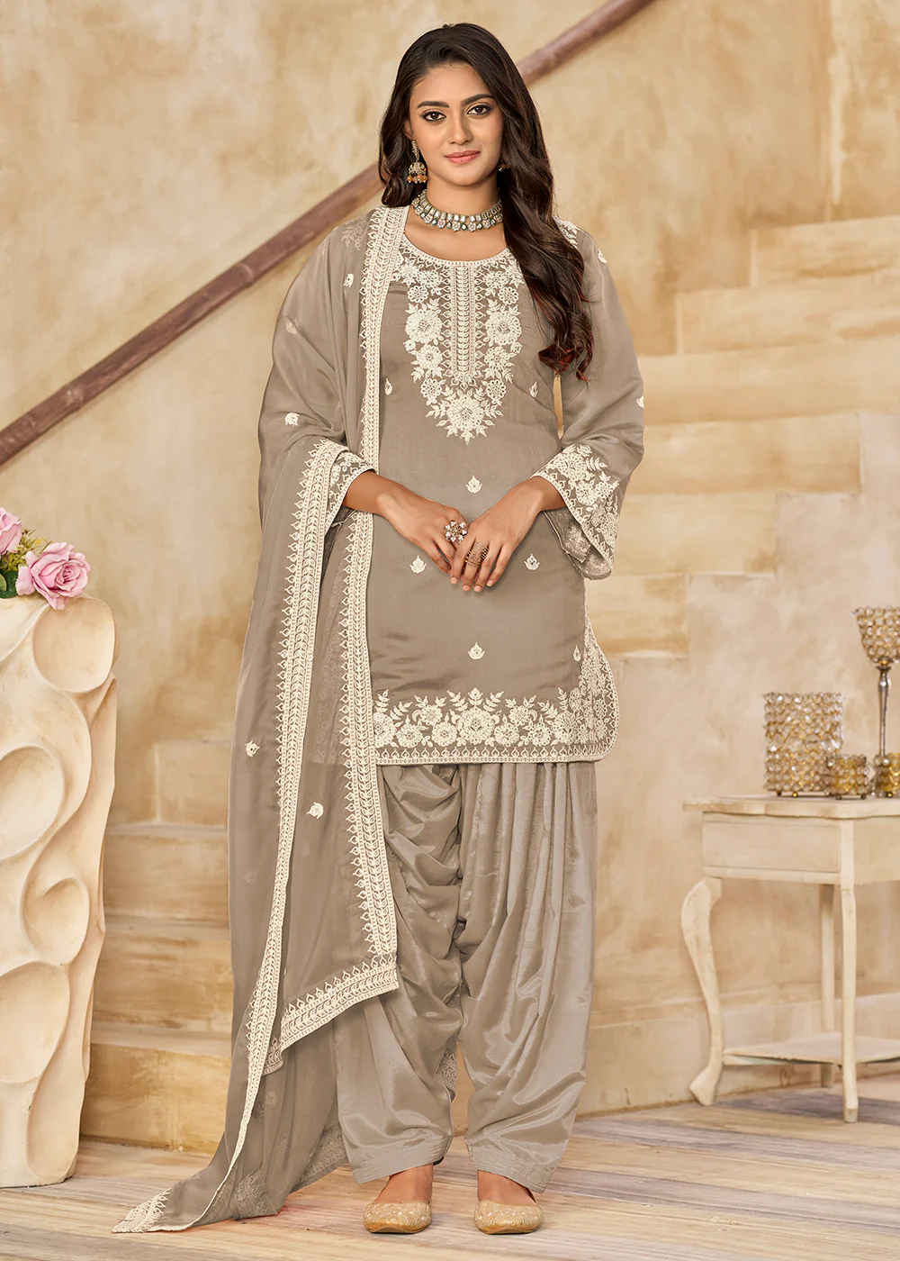 Grey Roman Silk Embroidered Punjabi Patiala Suit