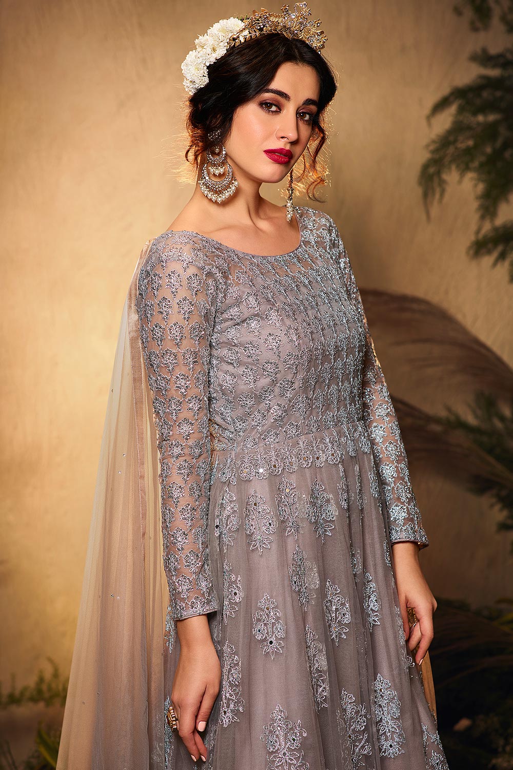 Grey Sequins Embroidered Net Anarkali Suit - Image 2