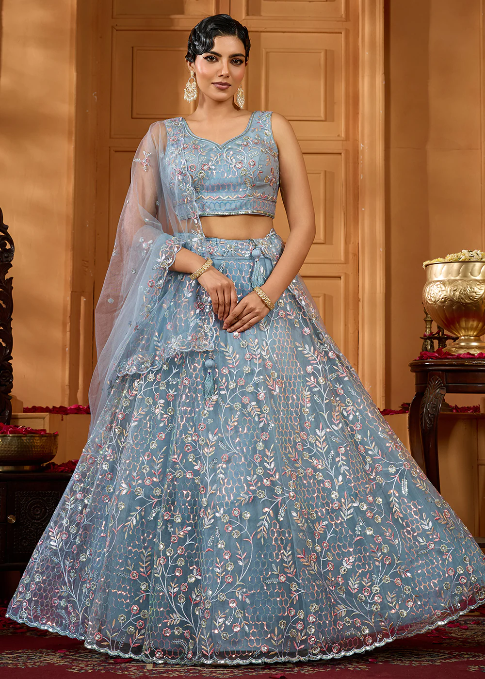 Grey Sequins Embroidered Net Designer Party Lehenga Choli