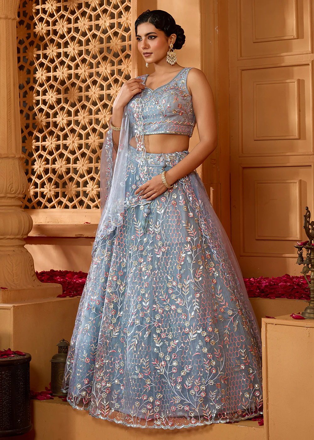 Grey Sequins Embroidered Net Designer Party Lehenga Choli - Image 6