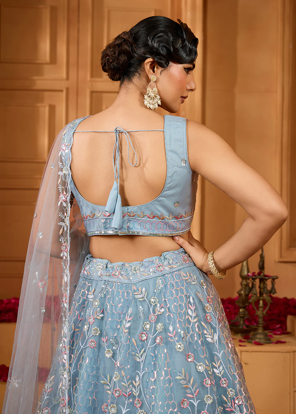 Grey Sequins Embroidered Net Designer Party Lehenga Choli - Image 8
