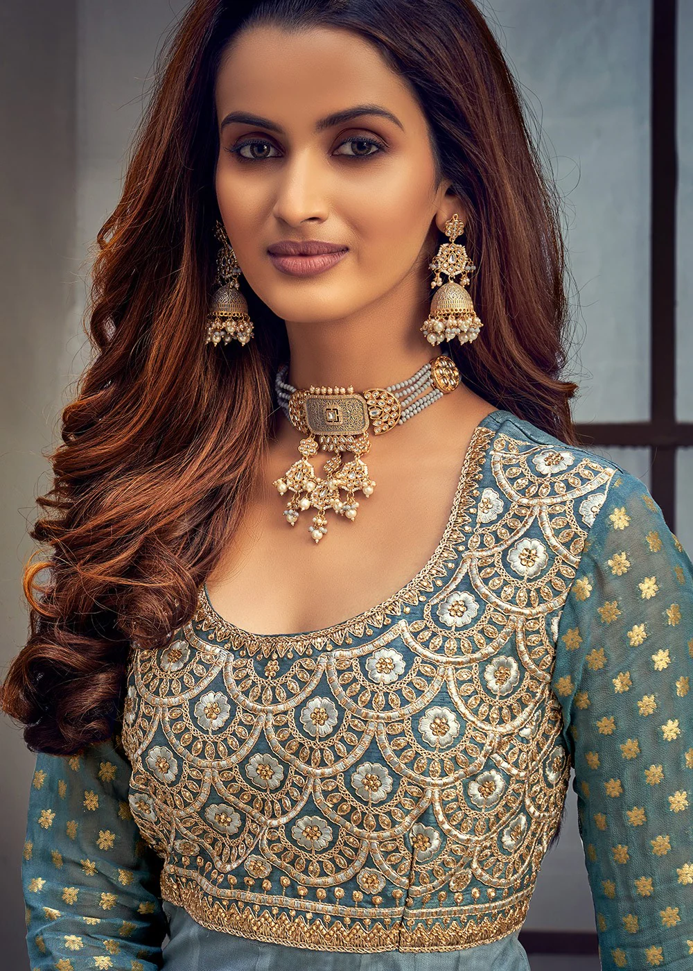 Grey Swarovski Georgette Abaya Style Anarkali Suit - Image 2