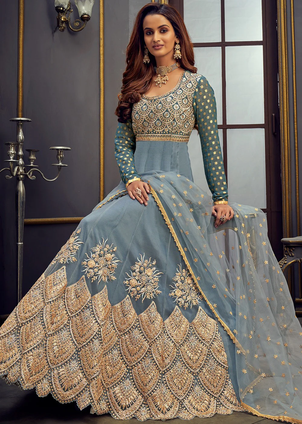 Grey Swarovski Georgette Abaya Style Anarkali Suit - Image 3