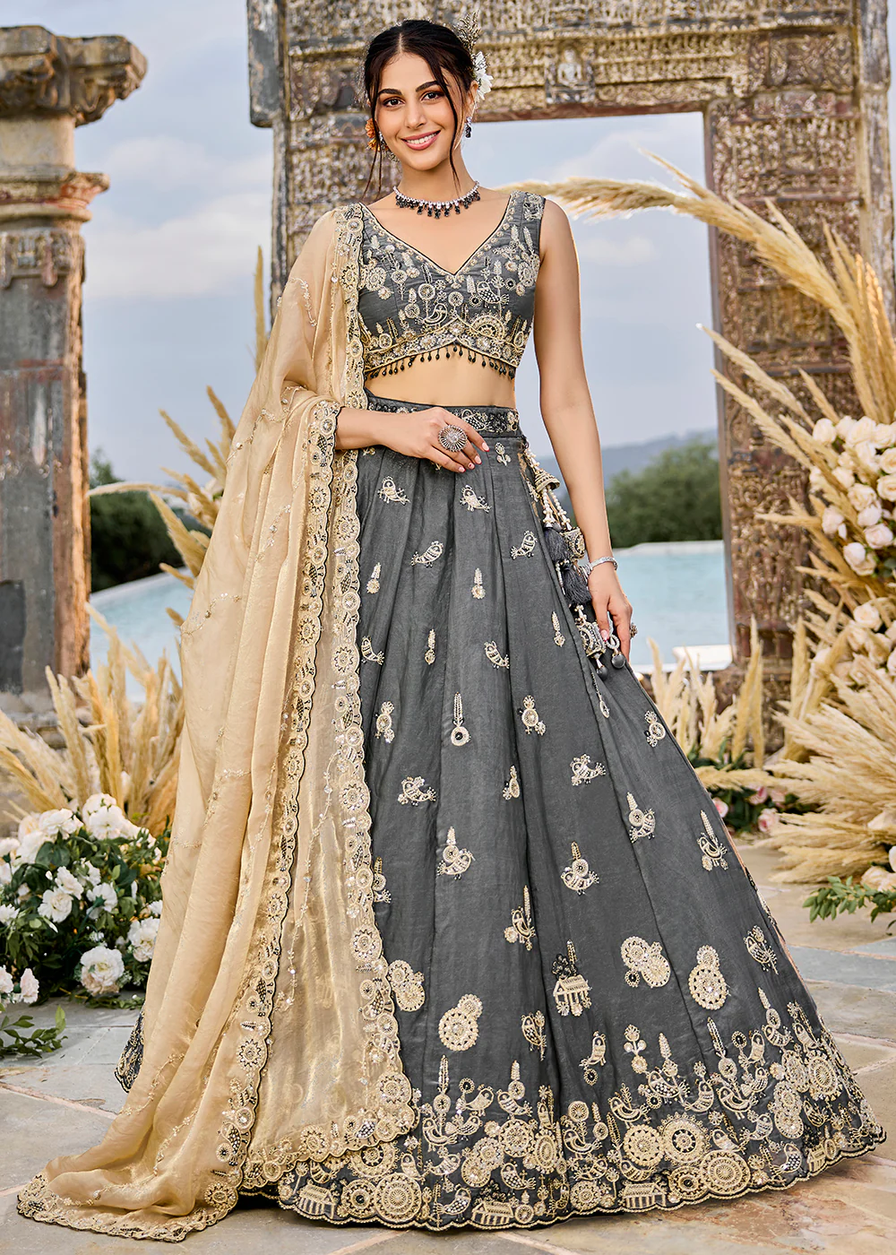 Grey Tissue Beads & Threads Wedding Lehenga Choli