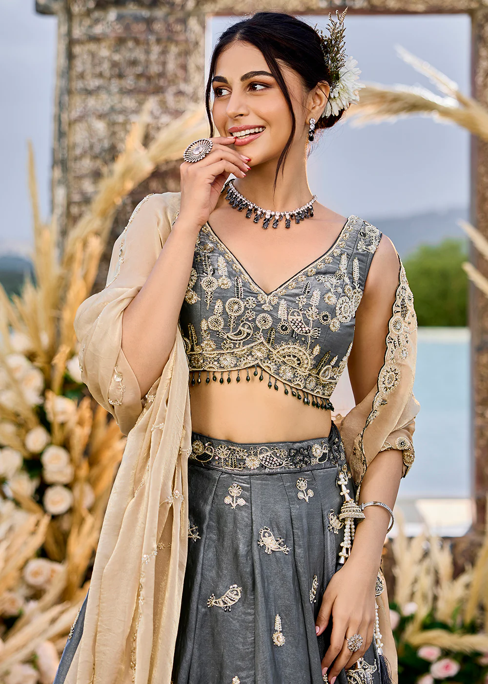 Grey Tissue Beads & Threads Wedding Lehenga Choli - Image 2