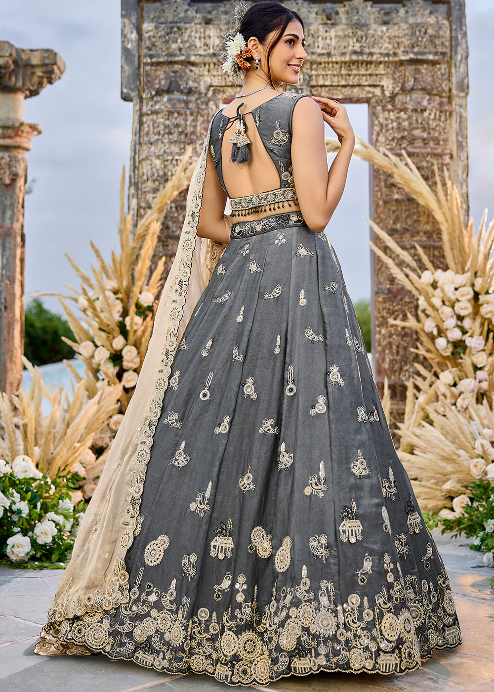 Grey Tissue Beads & Threads Wedding Lehenga Choli - Image 3