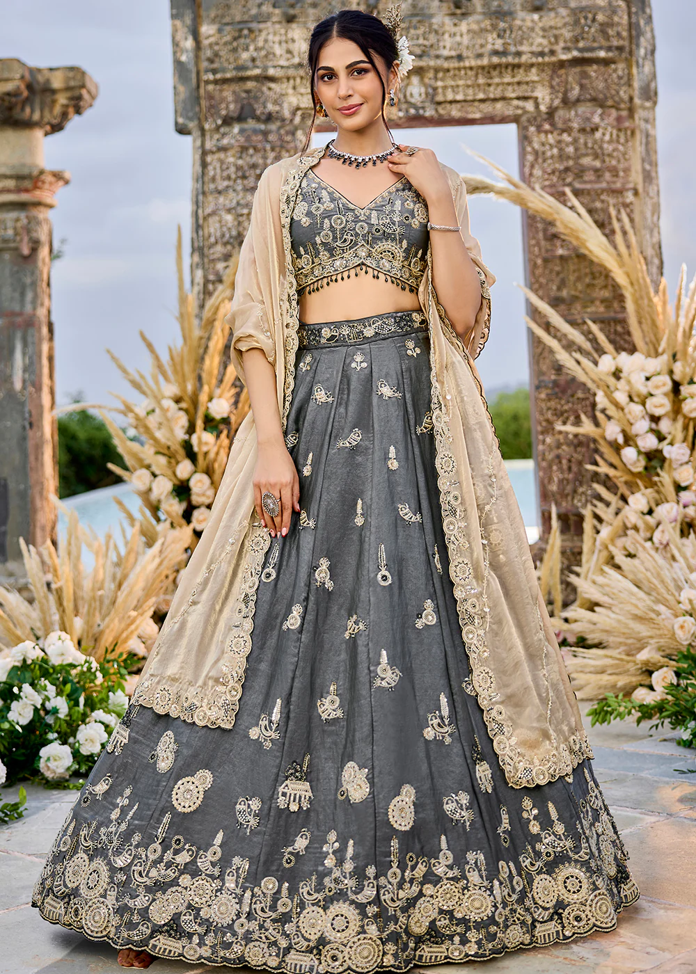 Grey Tissue Beads & Threads Wedding Lehenga Choli - Image 4