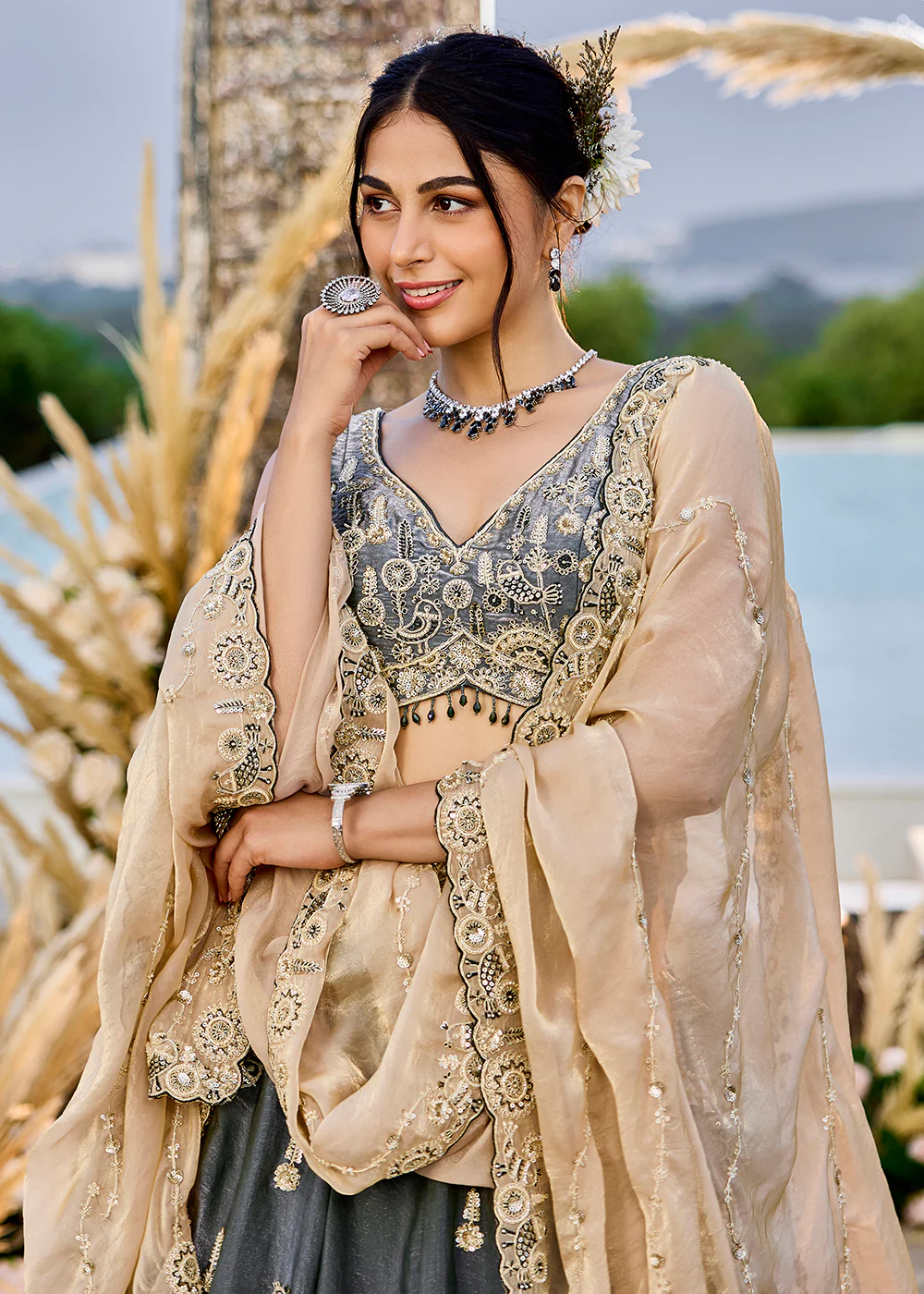Grey Tissue Beads & Threads Wedding Lehenga Choli - Image 5