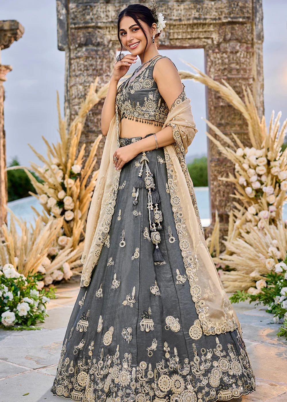 Grey Tissue Beads & Threads Wedding Lehenga Choli - Image 6