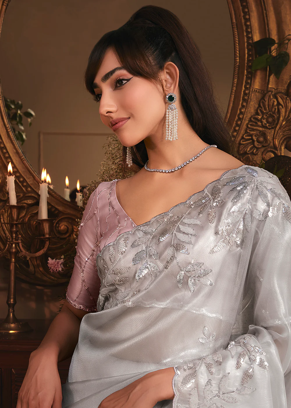 Grey Tissue Organza Silk Embroidered Designer Saree - Image 2