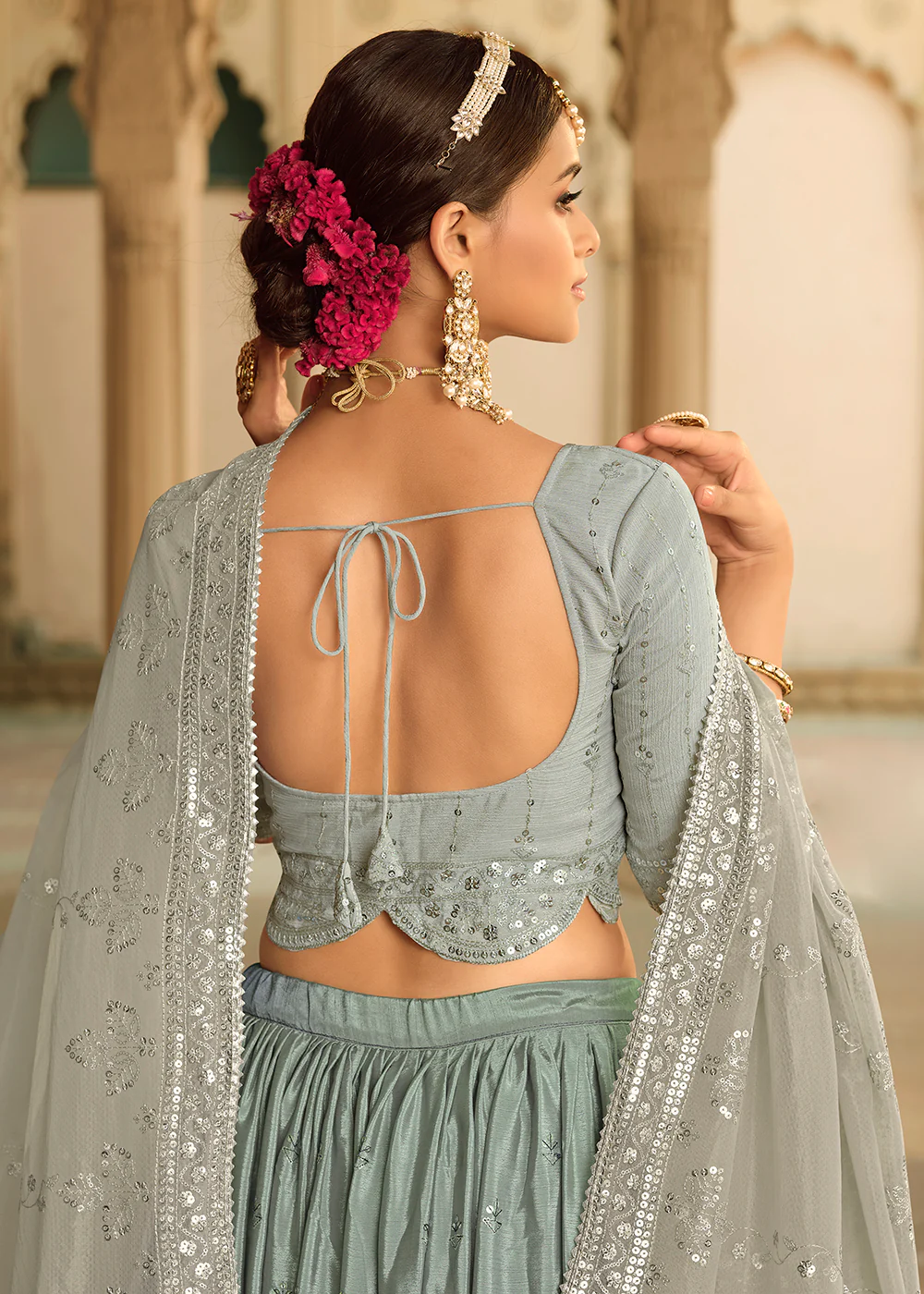 Grey to Teal Blue Multi Color Sequins Festive Lehenga Choli - Image 4