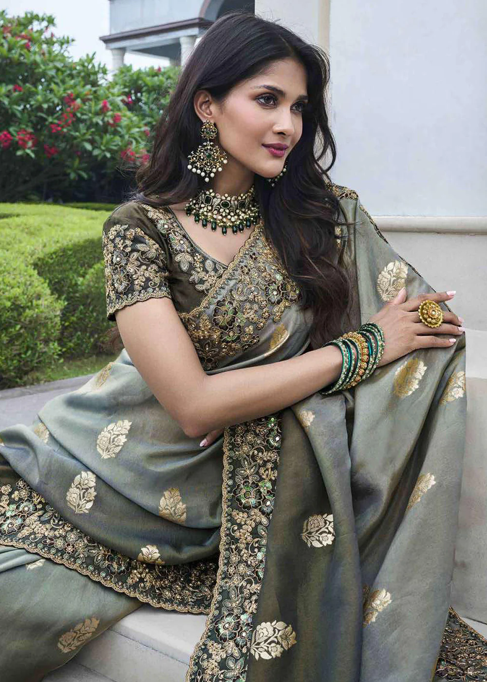 Grey Viscose Silk Embroidered Designer Wedding Saree - Image 2