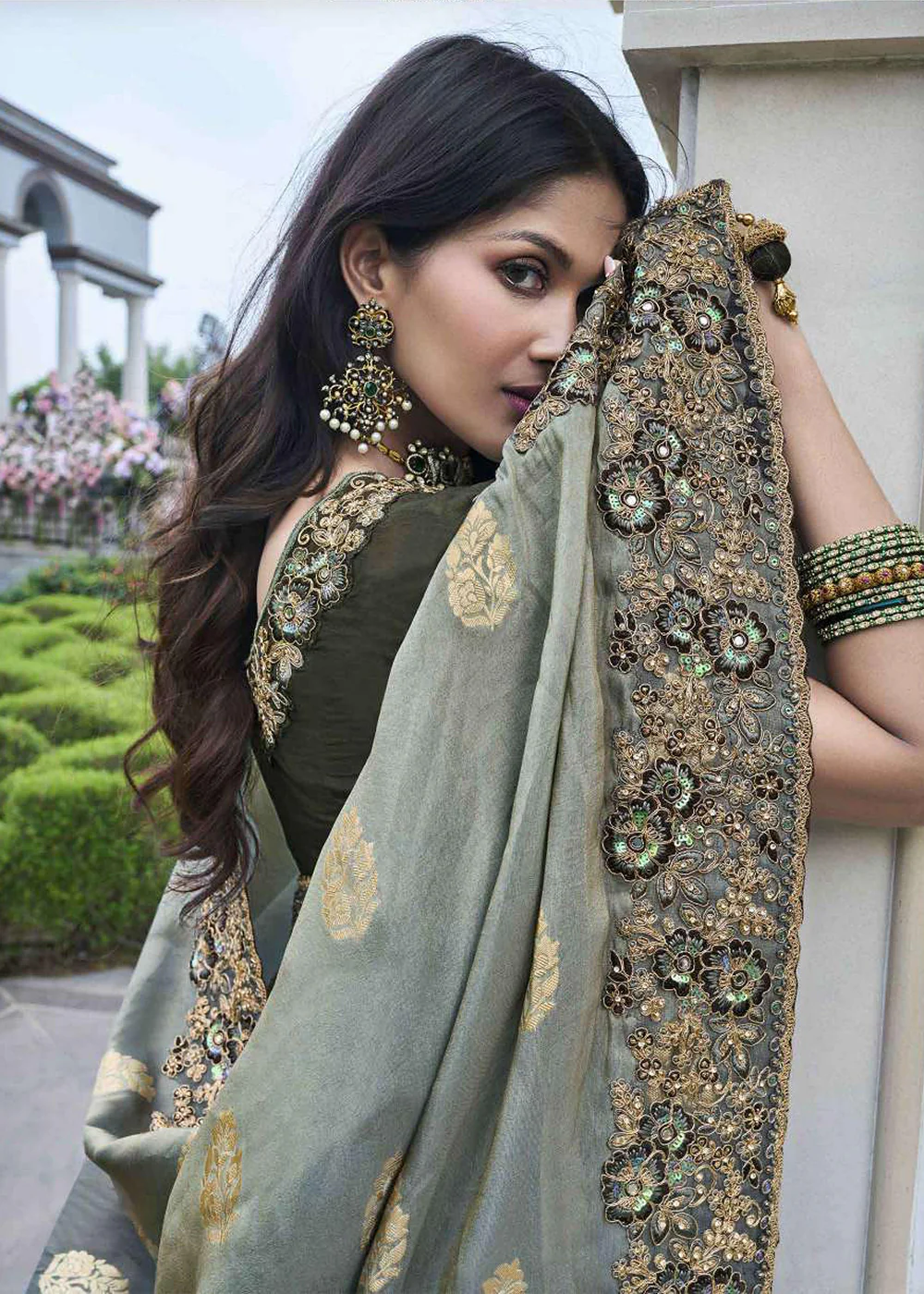 Grey Viscose Silk Embroidered Designer Wedding Saree - Image 3