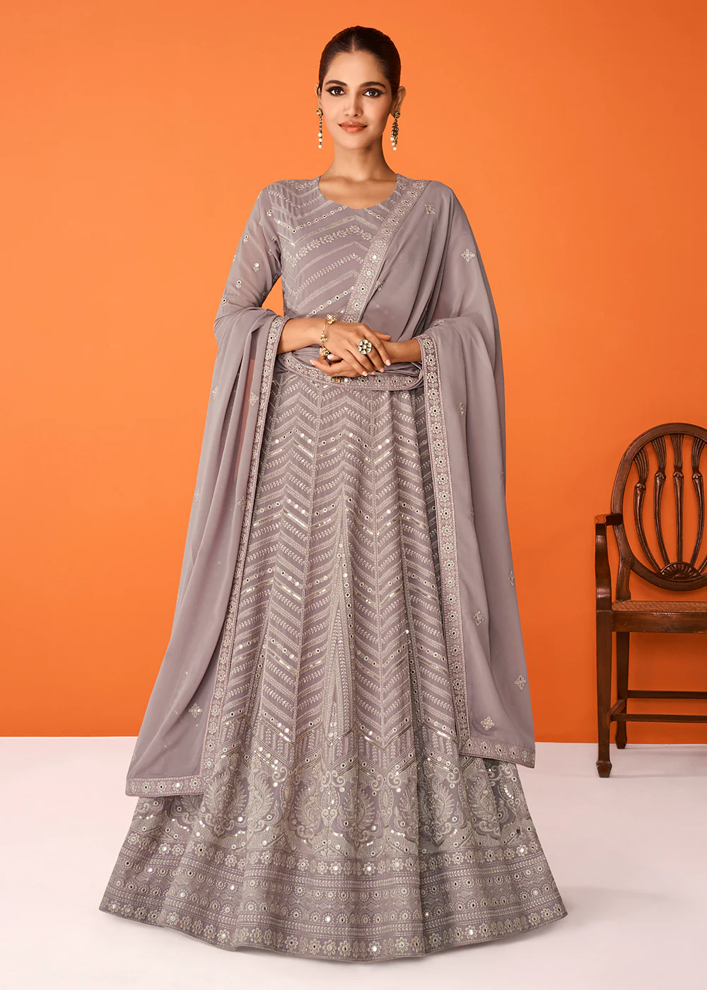 Grey Wedding Festive Special Georgette Anarkali Suit - Image 3