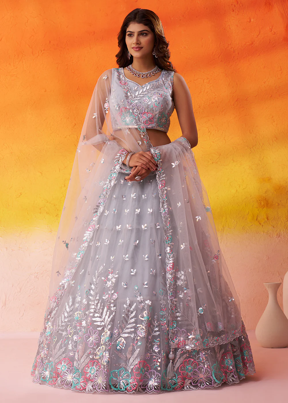 Grey Wedding & Party Style Net Lehenga Choli