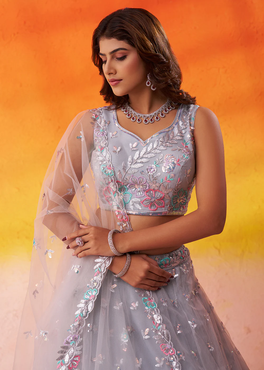 Grey Wedding & Party Style Net Lehenga Choli - Image 2