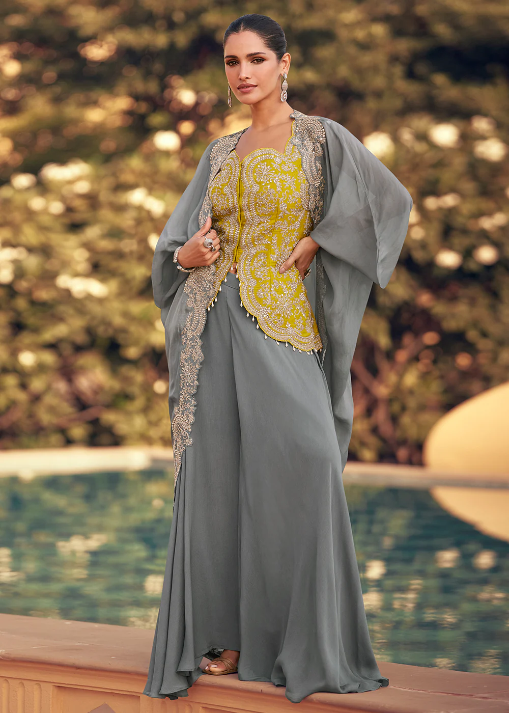 Grey & Yellow Designer Style Indo Western Dress