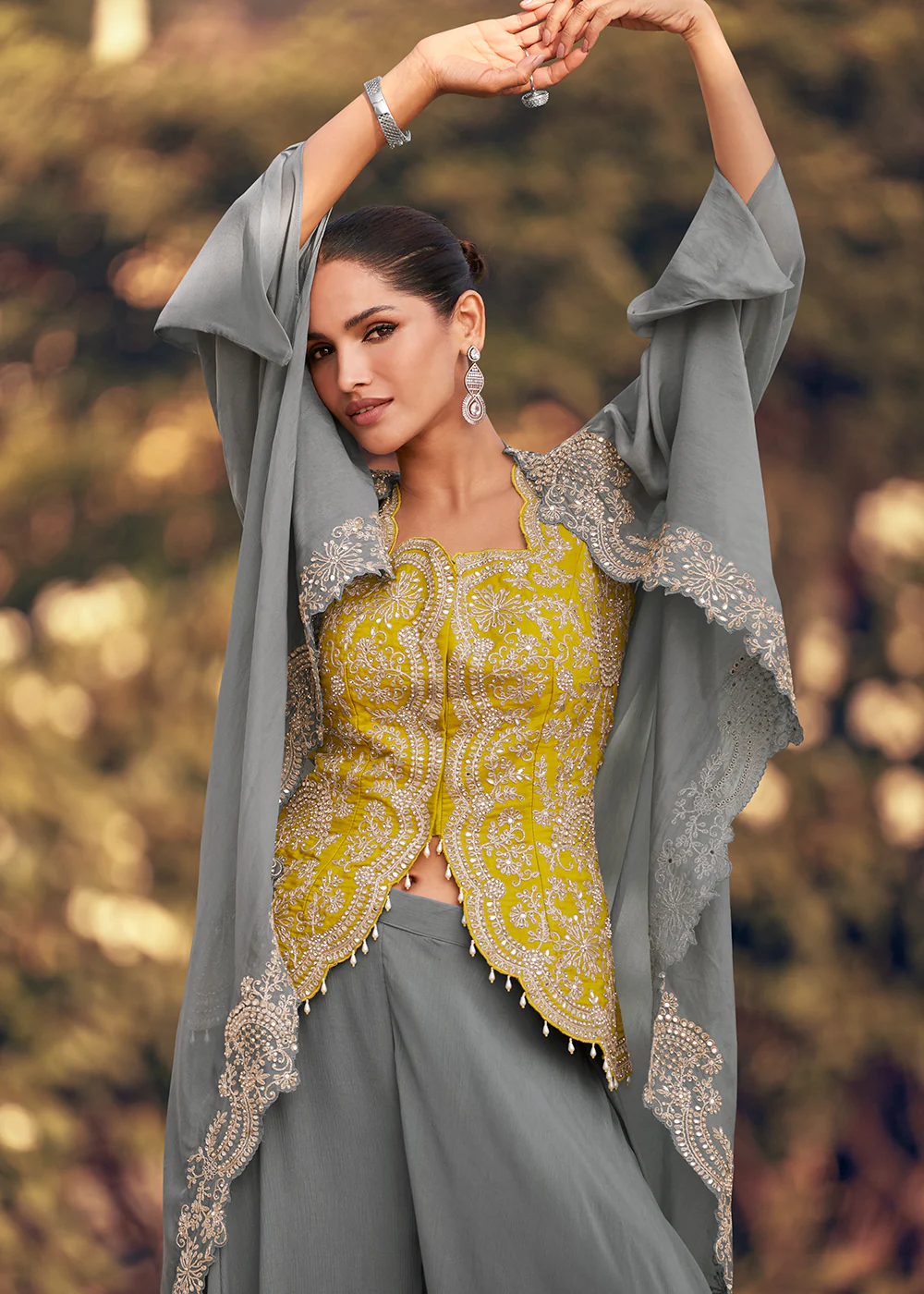 Grey & Yellow Designer Style Indo Western Dress - Image 2