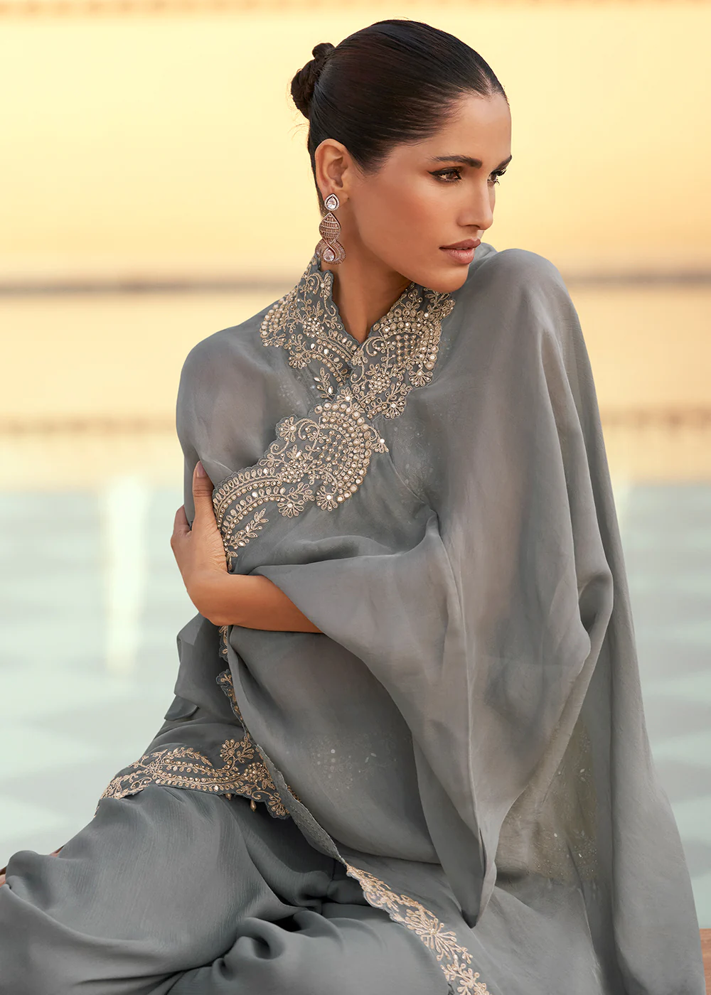 Grey & Yellow Designer Style Indo Western Dress - Image 4