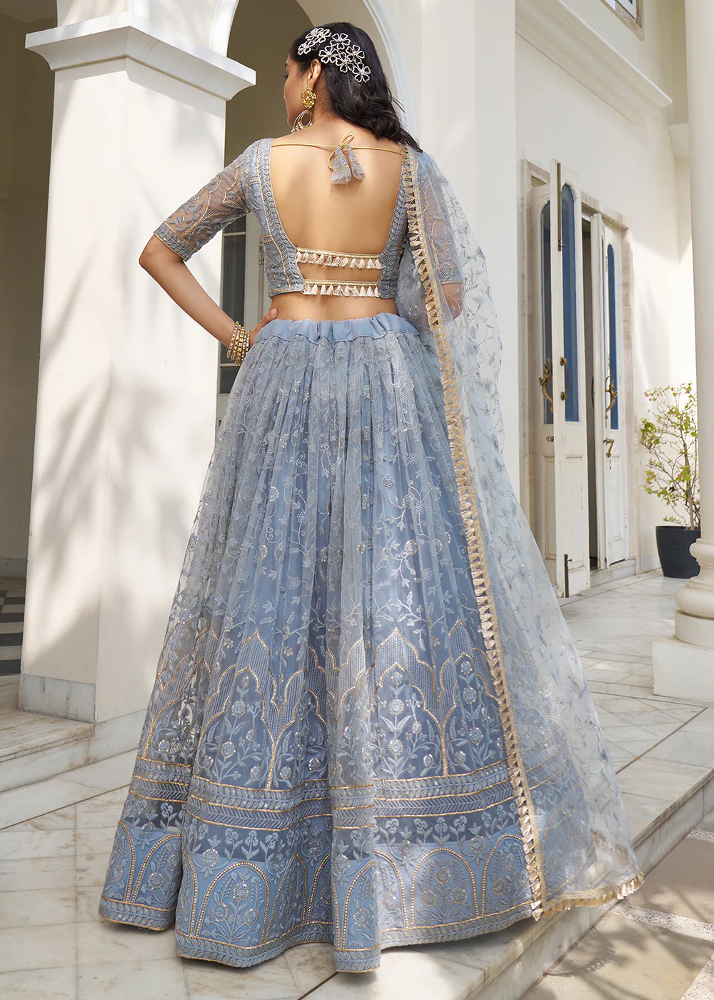 Greyish Blue Net Embroidered Wedding Lehenga Choli - Image 3