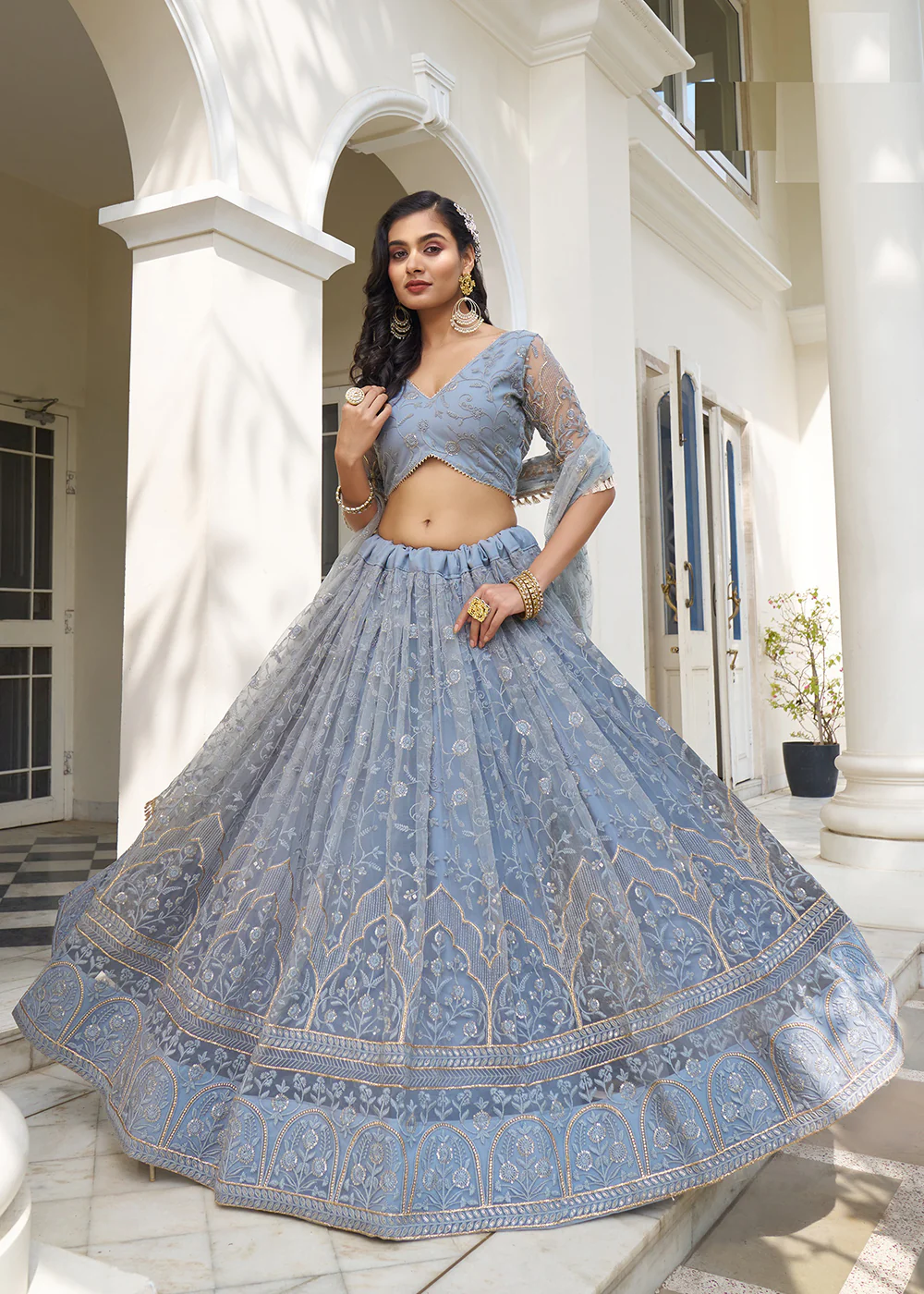 Greyish Blue Net Embroidered Wedding Lehenga Choli - Image 4