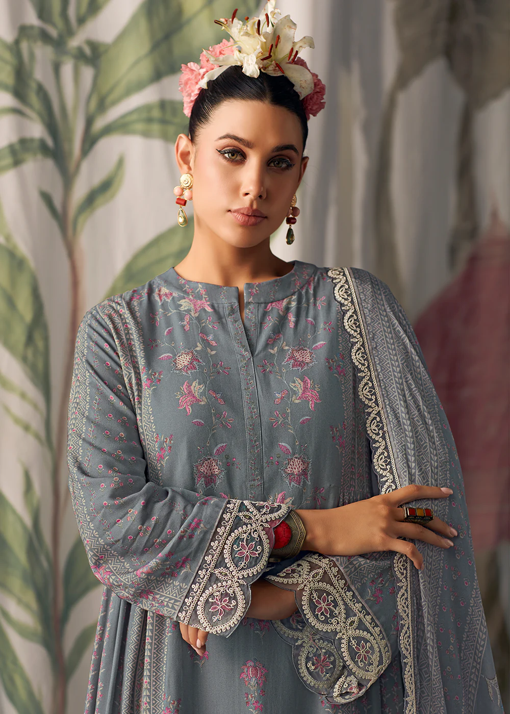 Greyish Blue Pure Maslin Cotton Digital Printed Salwar Suit - Image 2