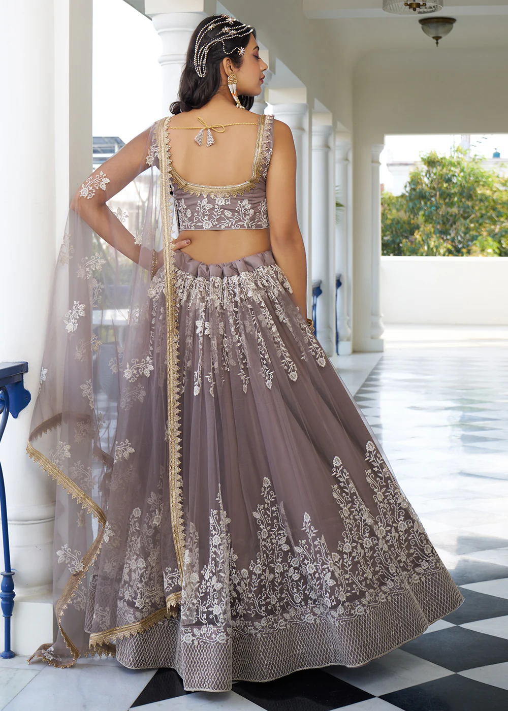 Greyish Brown Designer Embroidered Wedding Lehenga Choli - Image 3