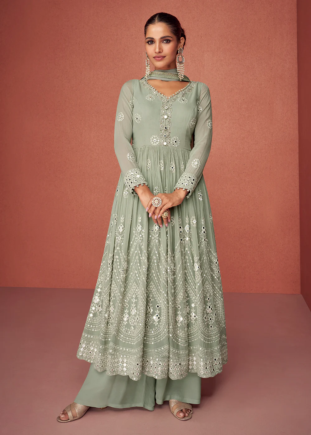Greyish Green Anarkali Style Embroidered Palazzo Style Suit