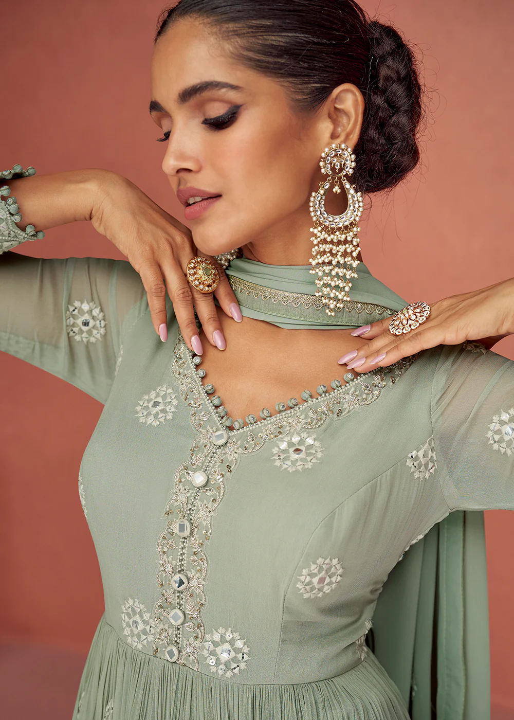 Greyish Green Anarkali Style Embroidered Palazzo Style Suit - Image 2