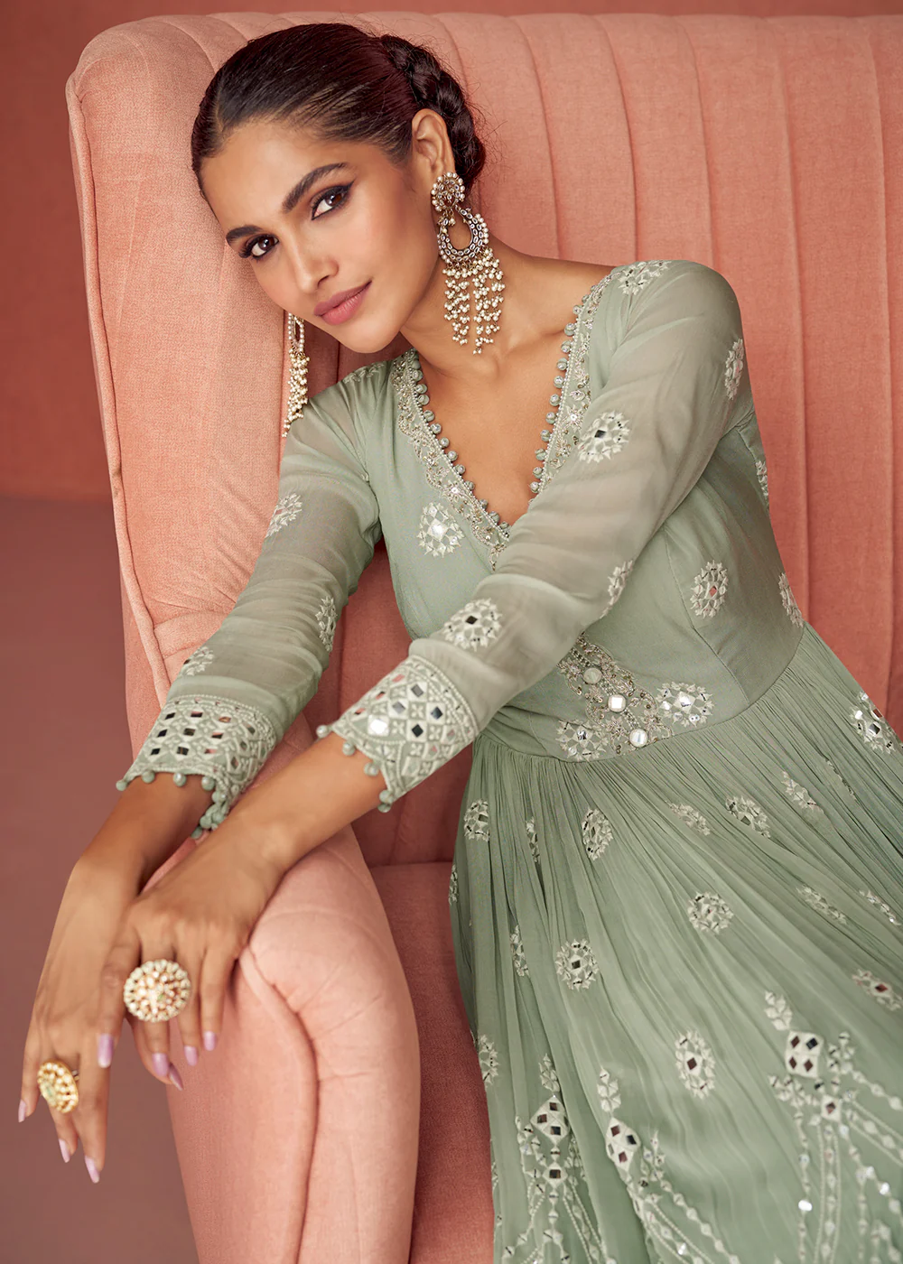 Greyish Green Anarkali Style Embroidered Palazzo Style Suit - Image 3