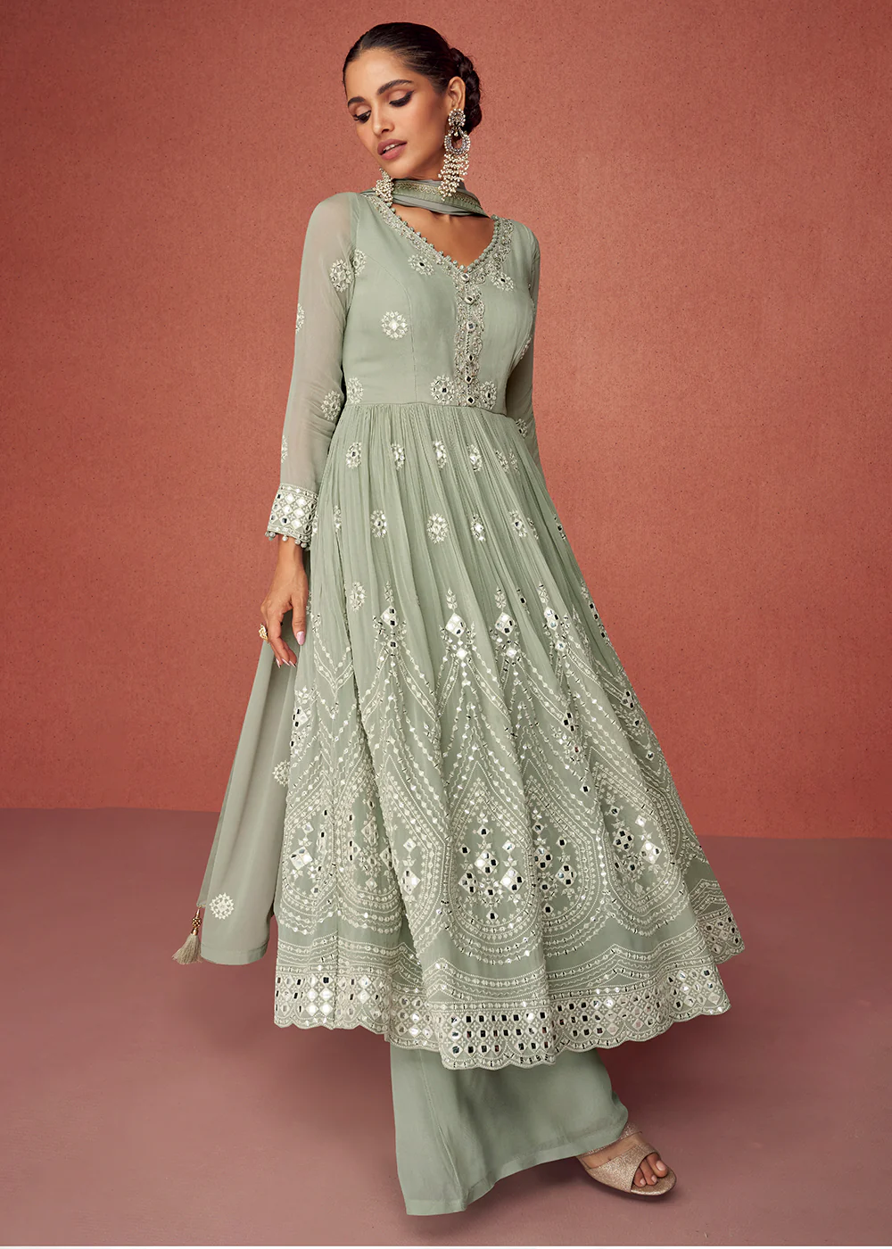 Greyish Green Anarkali Style Embroidered Palazzo Style Suit - Image 4