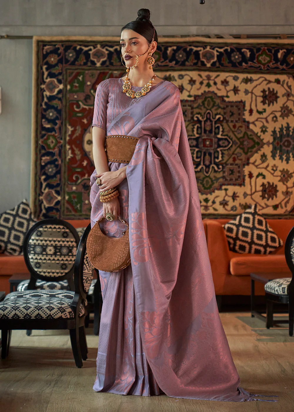 Greyish Lilac Blended Woven Zari Brocade Silk Saree
