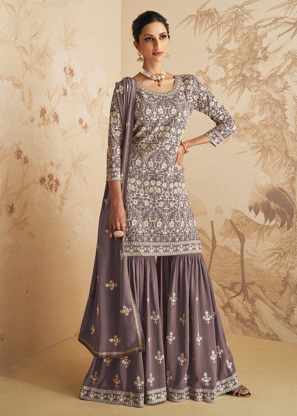 Greyish Mauve Thread & Sequins Embroidered Designer Gharara Suit - Image 3