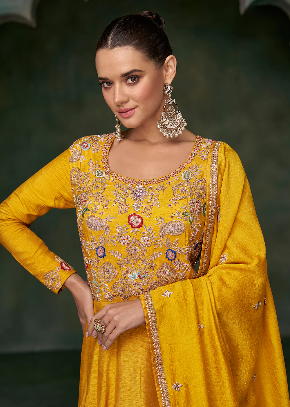 Haldi Wear Mustard Premium Silk Indian Anarkali Gown - Image 2