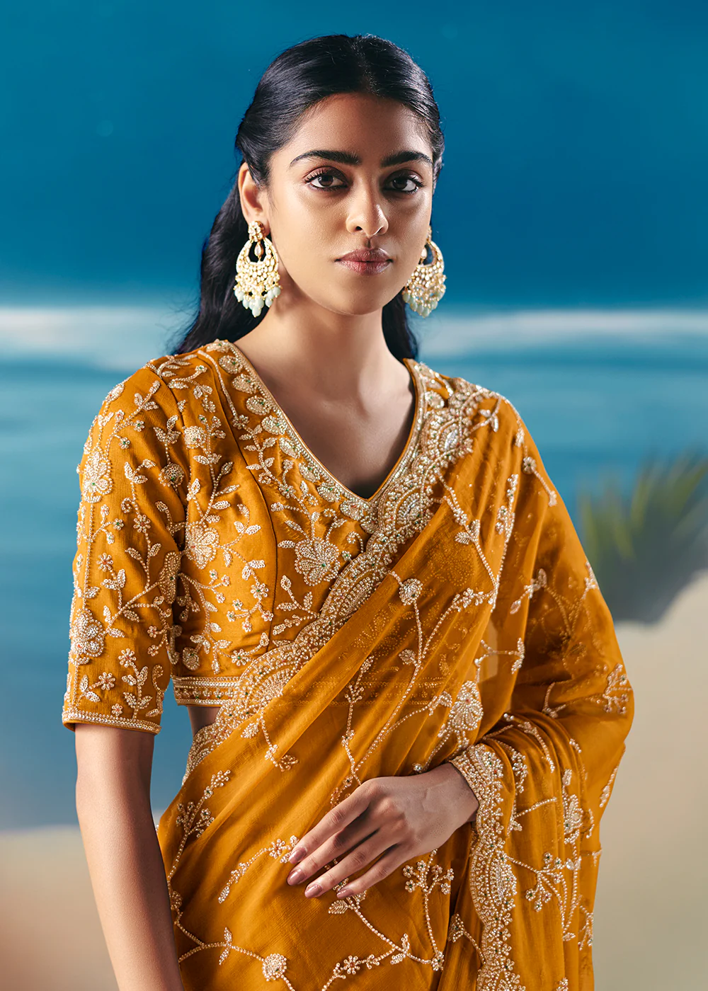 Haldi Yellow Satin Organza Fancy Designer Saree - Image 2