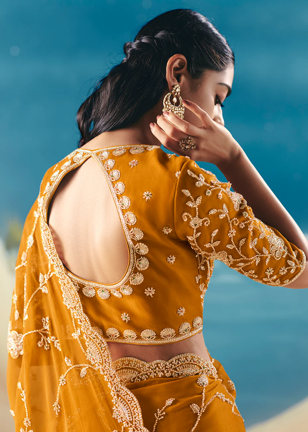 Haldi Yellow Satin Organza Fancy Designer Saree - Image 3