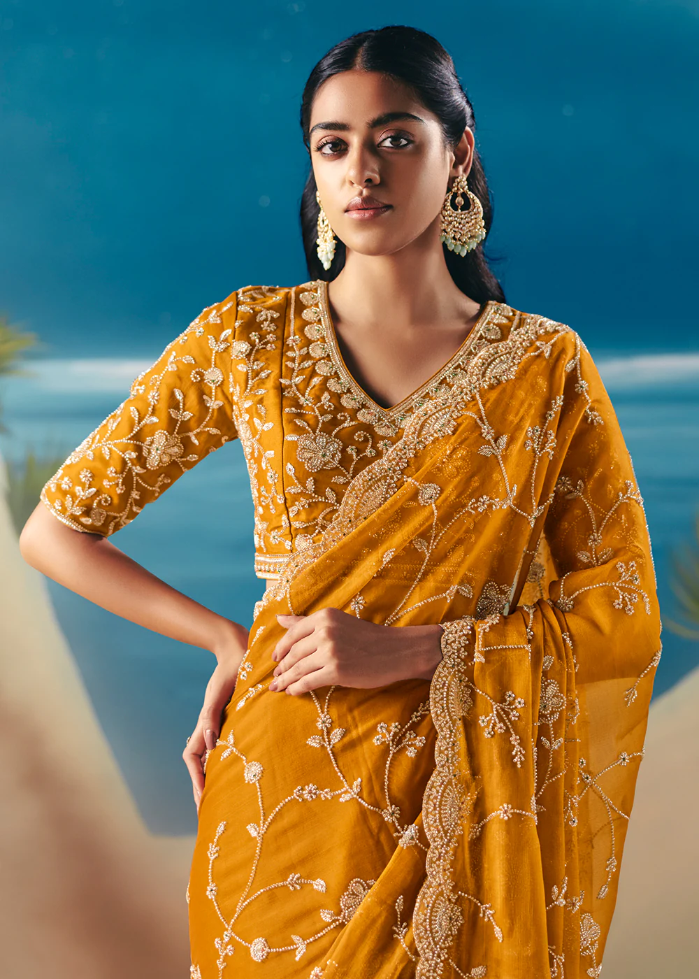 Haldi Yellow Satin Organza Fancy Designer Saree - Image 4
