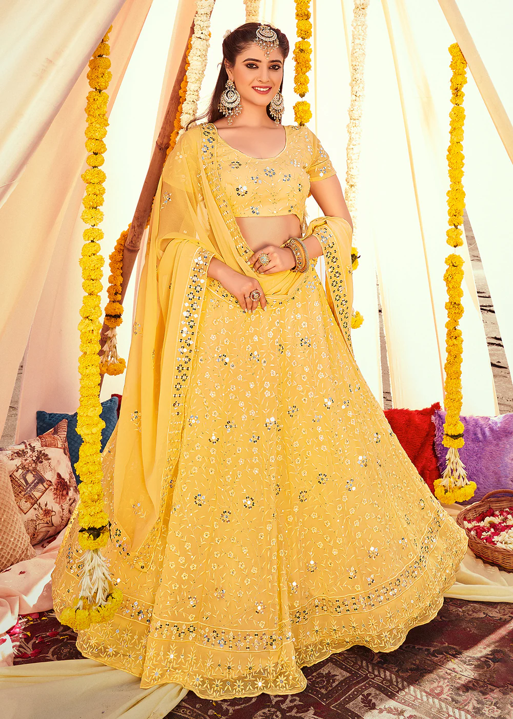 Haldi Yellow Sequined Wedding Function Wear Lehenga Choli