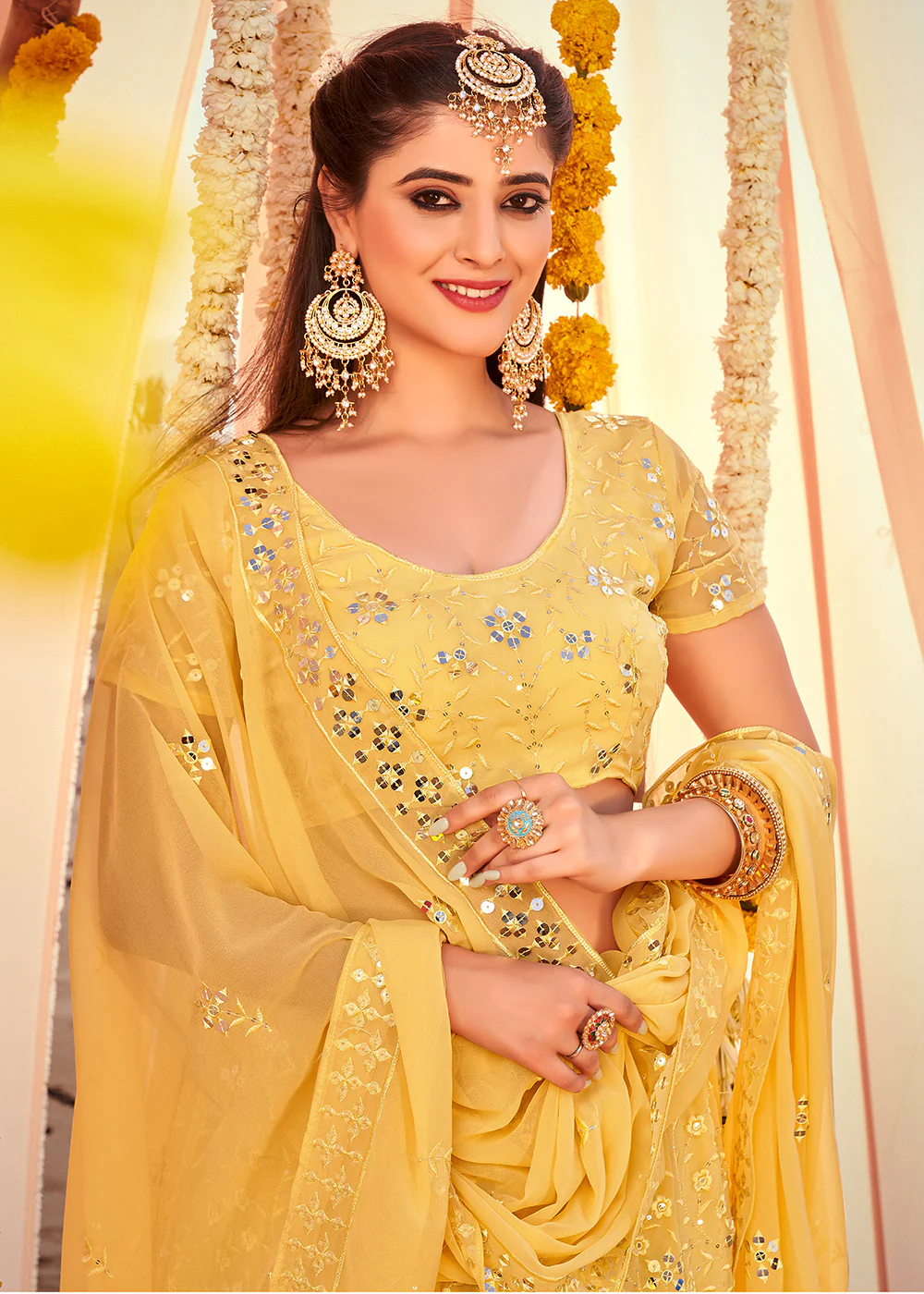 Haldi Yellow Sequined Wedding Function Wear Lehenga Choli - Image 2