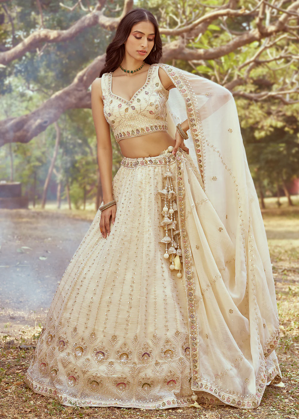 Hand Work Embroidered Cream Wedding Lehenga Choli