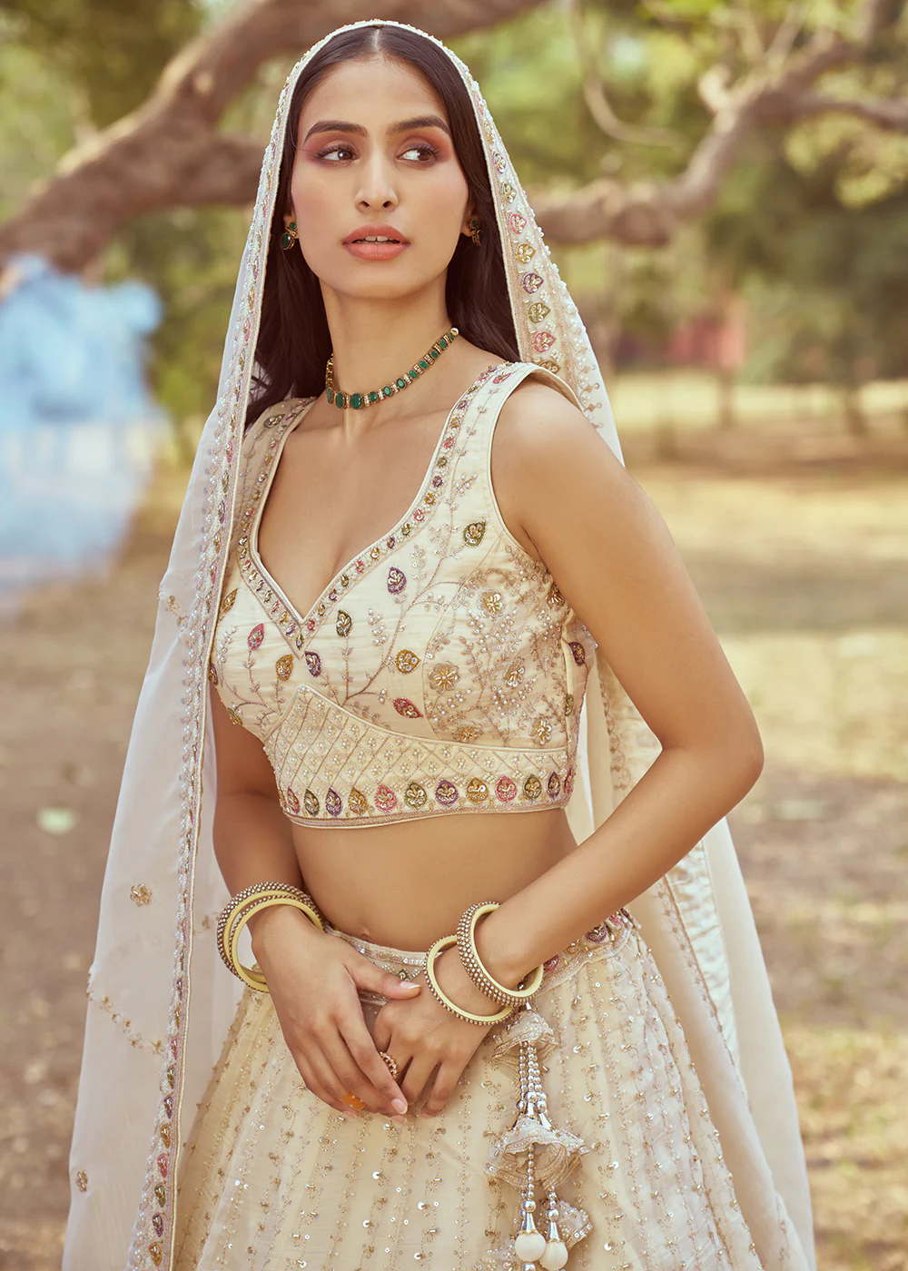 Hand Work Embroidered Cream Wedding Lehenga Choli - Image 2